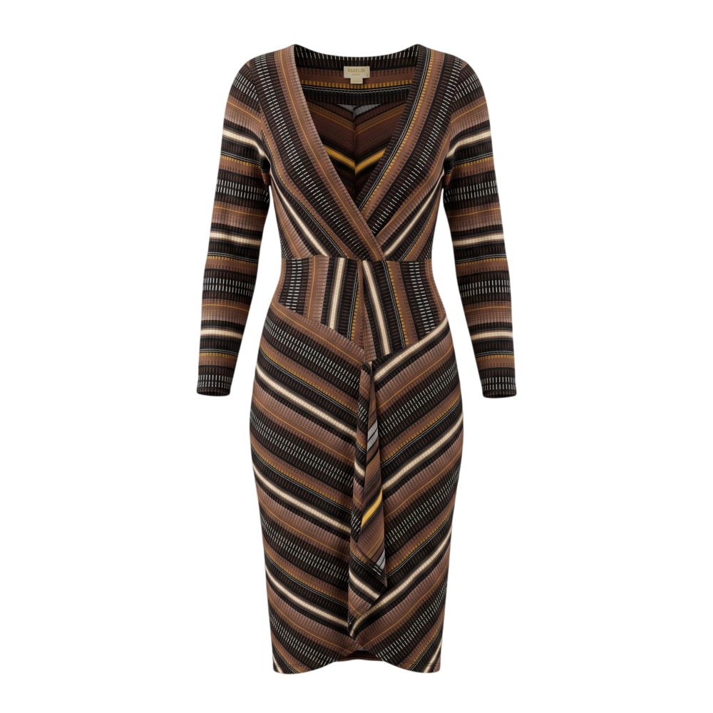 Maeve Anthropologie black and brown striped wrap dress with long sleeves, tie wa